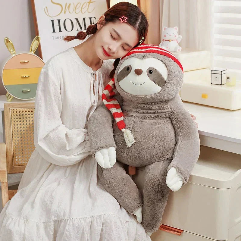 Kawaii Christmas Sloth Plush with Striped Hat