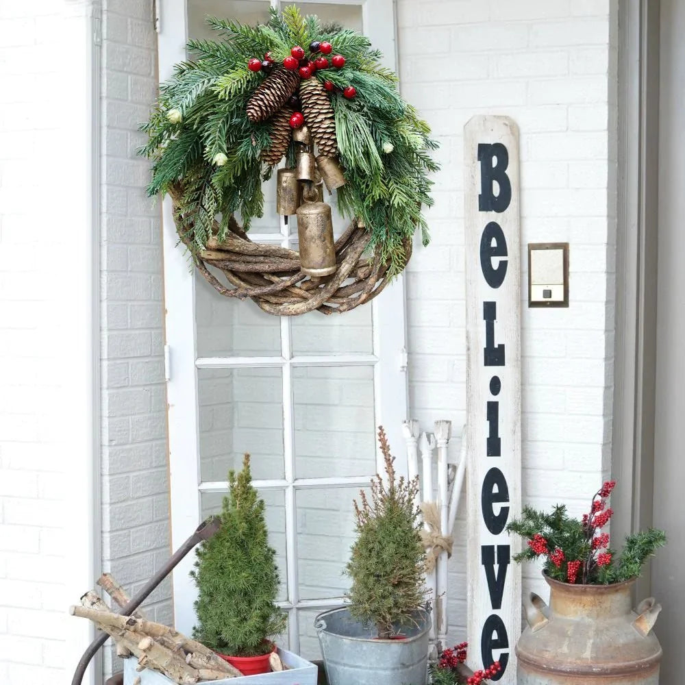 Christmas Wreath | Boho Style | Rustic Vine Base with Pinecones & Golden Bells