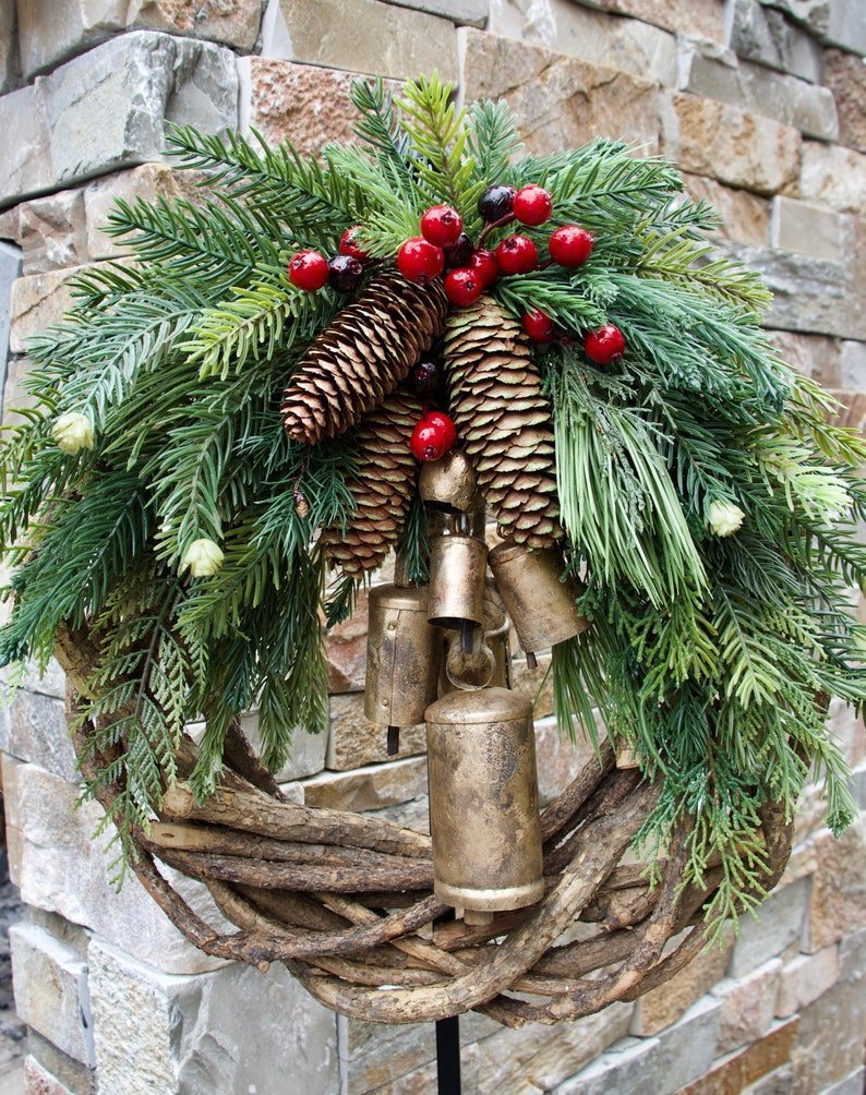 Christmas Wreath | Boho Style | Rustic Vine Base with Pinecones & Golden Bells