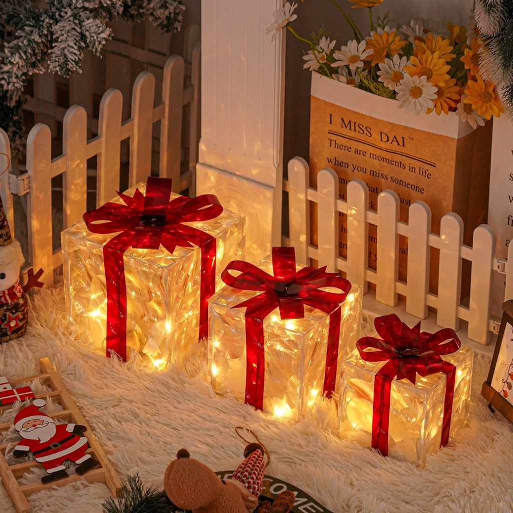 Lighted Christmas Gift Box Set of 3 with Warm White LEDs for Indoor and Outdoor Decor