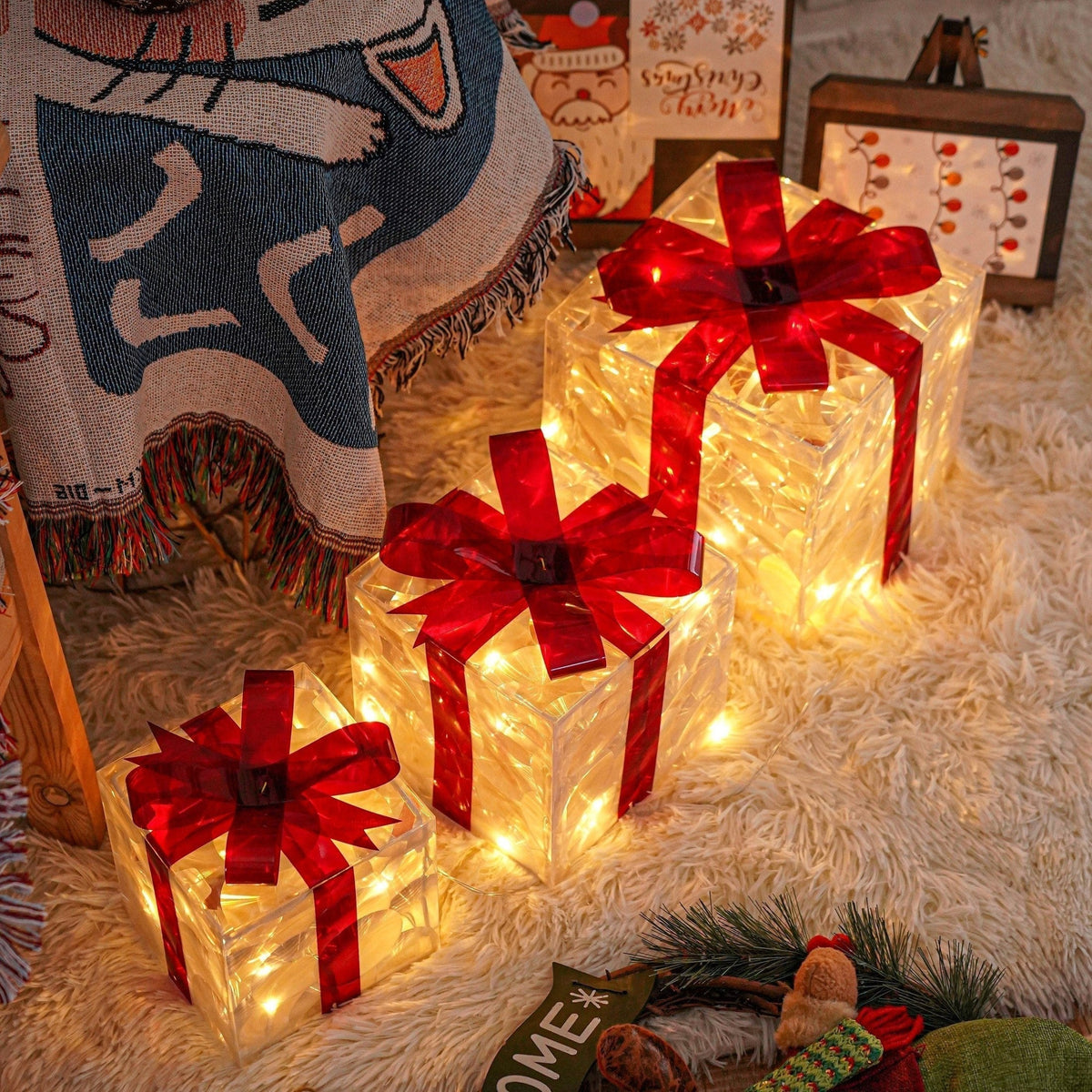 Set of 3 LED Christmas Gift Boxes for Indoor and Outdoor Use