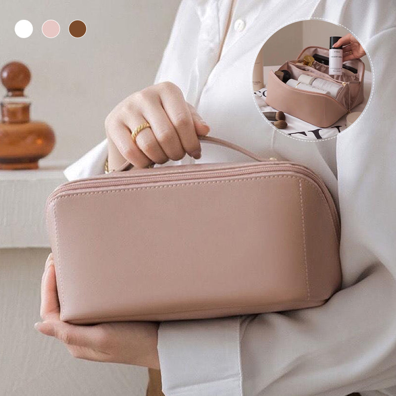 Large Travel Cosmetic Bag with Double-Layer Storage and Water-Resistant PU Leather