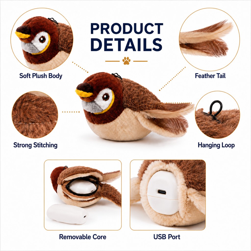 Siopsrl Rechargeable Flapping Bird Cat Toy for Indoor Cats - Tap-Activated Plush Kicker Toy for Boredom Relief & Hunting Instinct Play
