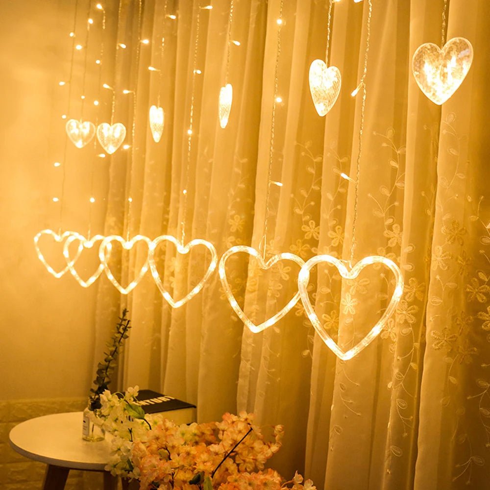 Heart-Shaped LED Curtain Lights – 3.5M Fairy Garland for Valentine’s Day, Weddings, Christmas, and Bedroom Party Decor (220V/110V)