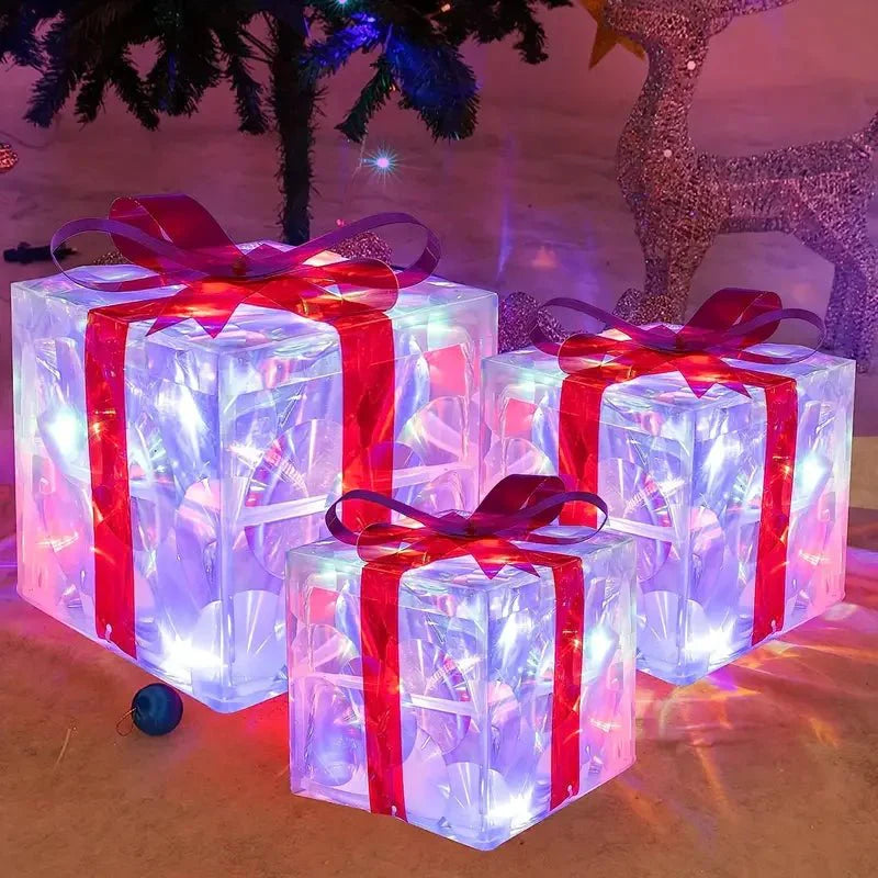 Lighted Christmas Gift Box Set of 3 with Warm White LEDs for Indoor and Outdoor Decor
