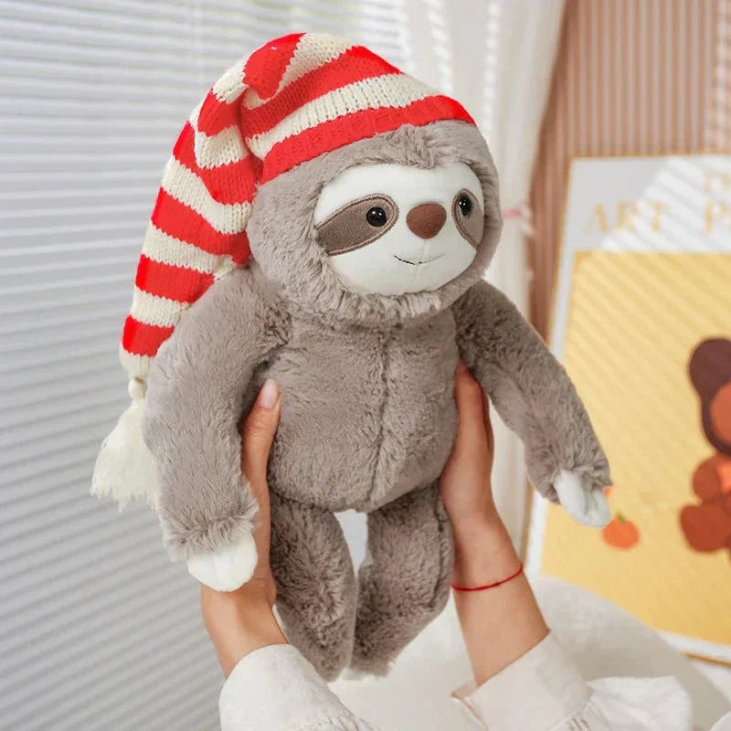 Kawaii Christmas Sloth Plush with Striped Hat