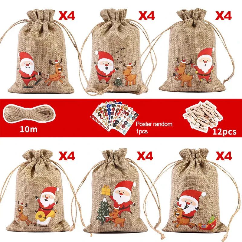 HollyTime Adventskalender Set – 24 herbruikbare cadeauzakken met stickers, clips & touw
