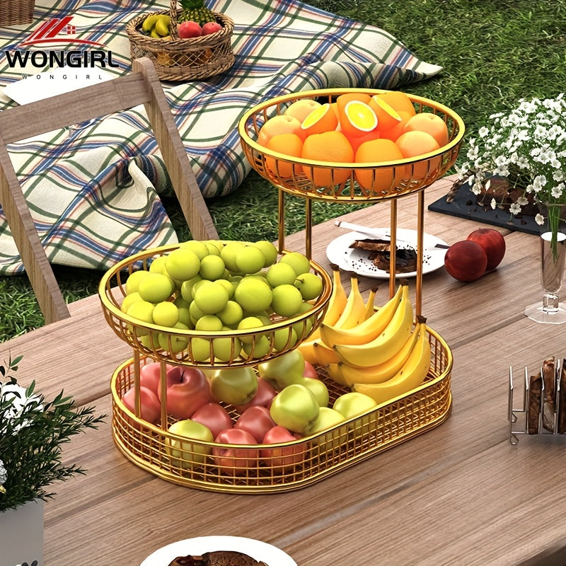 Elegant Multi-Tier Metal Fruit Basket - Golden Wire Oval Design | Perfect for Snacks, Cakes & Desserts | Ideal for Easter, Thanksgiving, Christmas Outdoor Celebrations, Outdoor Dining Accessory|Multitier Design|Sturdy Structure, Fruit Decor