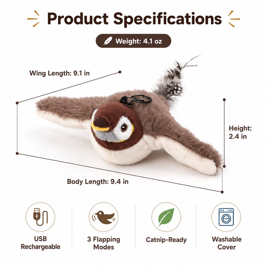 Siopsrl Rechargeable Flapping Bird Cat Toy for Indoor Cats - Tap-Activated Plush Kicker Toy for Boredom Relief & Hunting Instinct Play