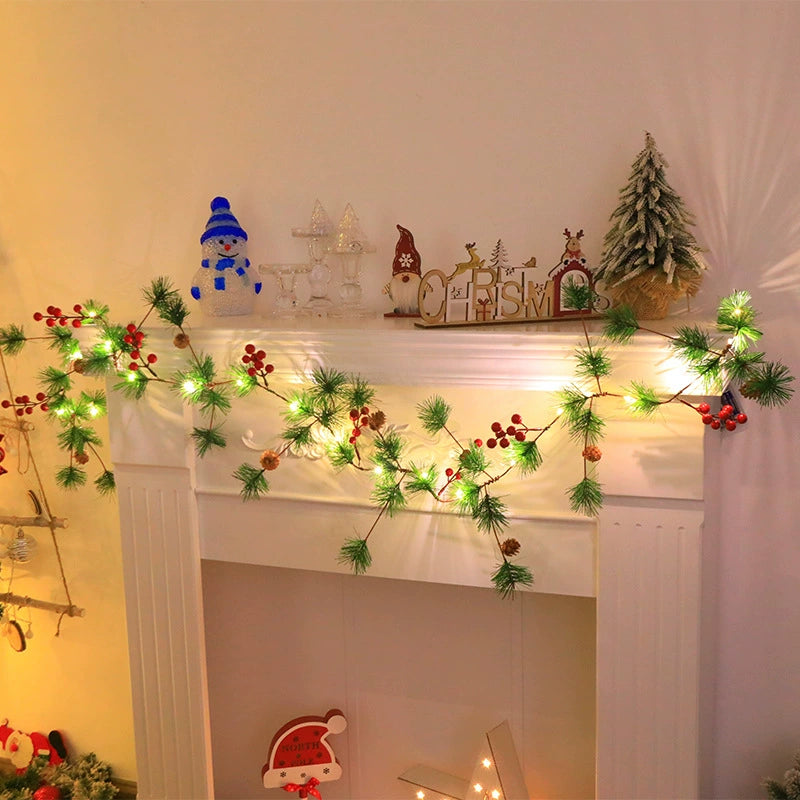Christmas Lighted Red Berry Pine Cone Garland