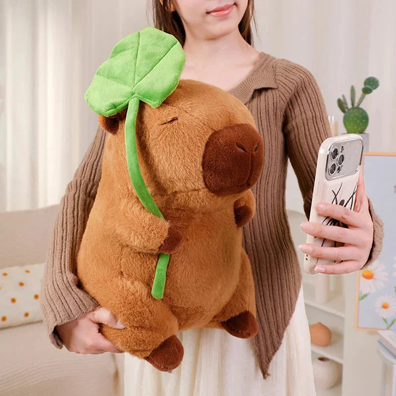 Kawaii Capybara Plushie Holding Leaf