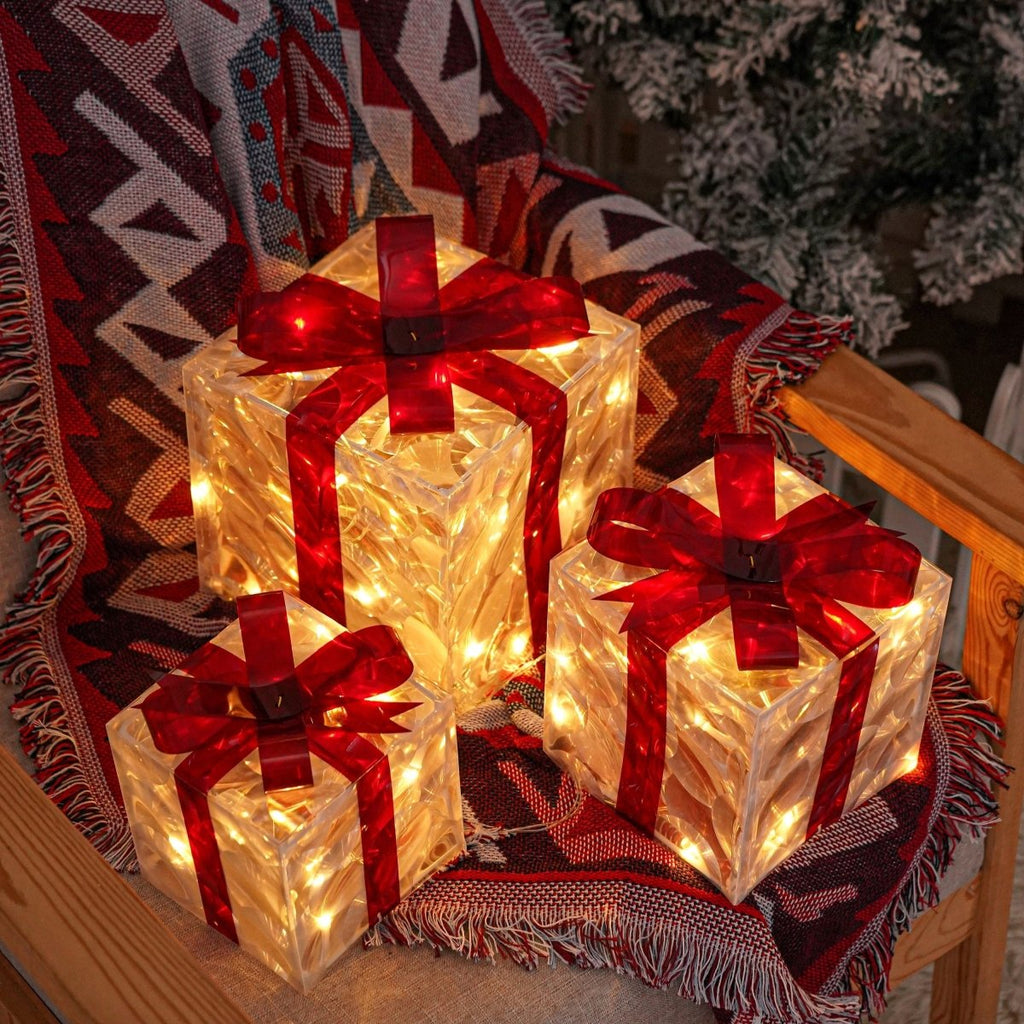 Lighted Christmas Gift Box Set of 3 with Warm White LEDs for Indoor and Outdoor Decor