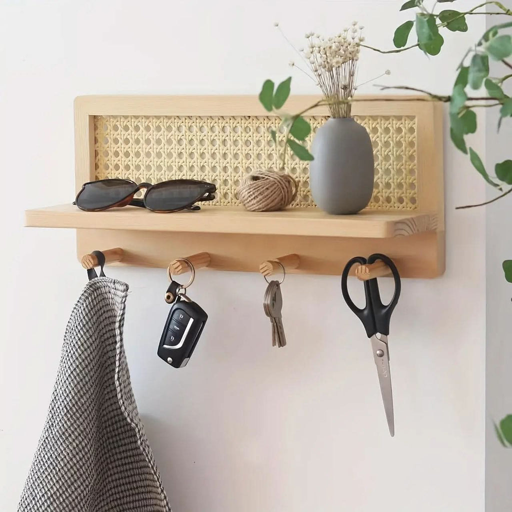 Siopsrl| Rustic Wooden Wall Shelf with 4 Hooks